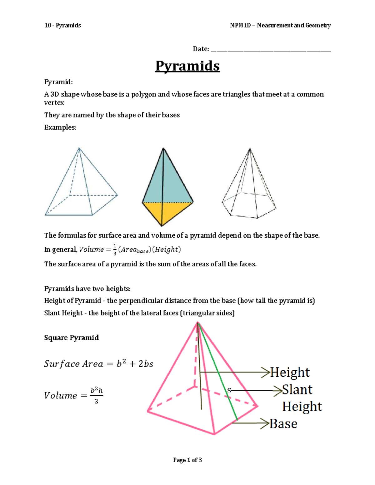 10 - Pyramids - Notes - 10 - Pyramids MPM1D – Measurement and Geometry ...