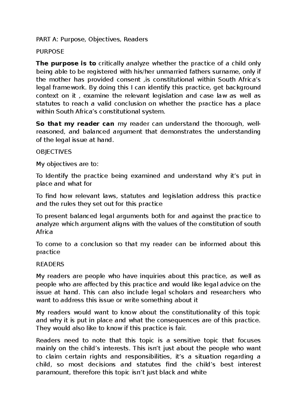 task 5 for intro to law PART A Purpose, Objectives, Readers PURPOSE