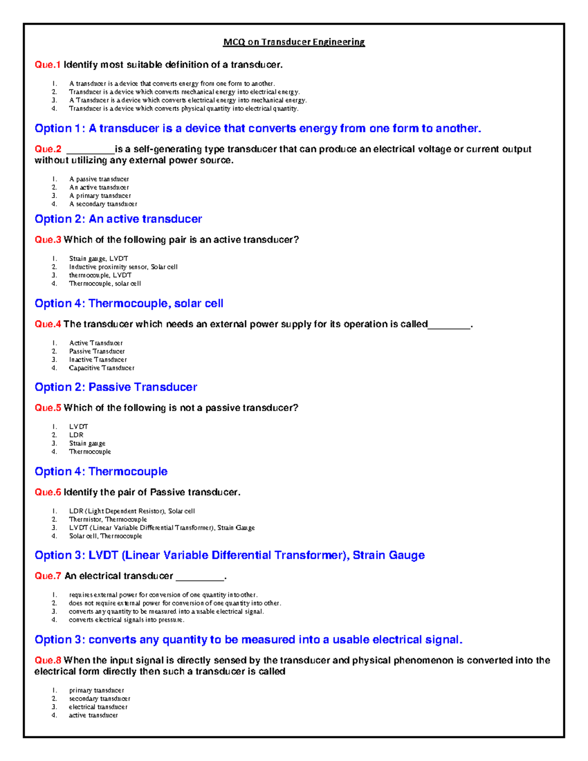 K.Transducer Engineering MCQ on Transducer Engineering Que Identify