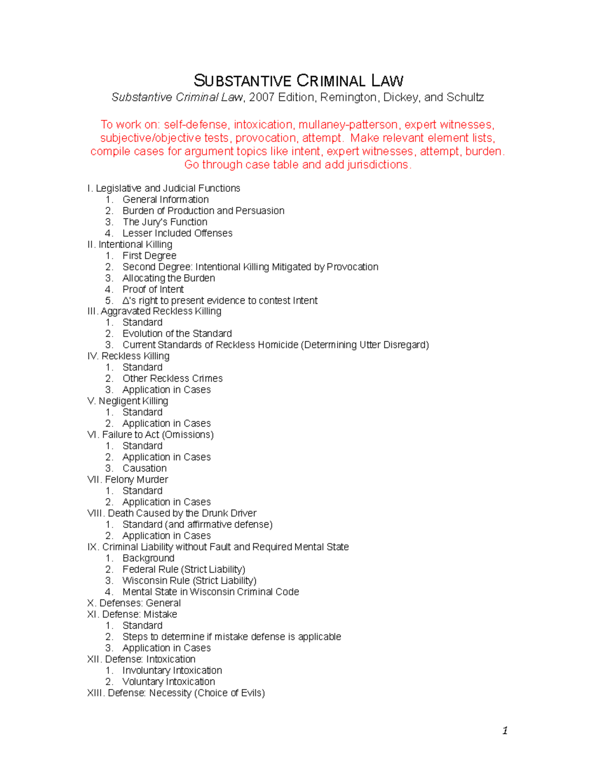 Intro to Sub. Crim. Law I Outline - SUBSTANTIVE CRIMINAL LAW ...