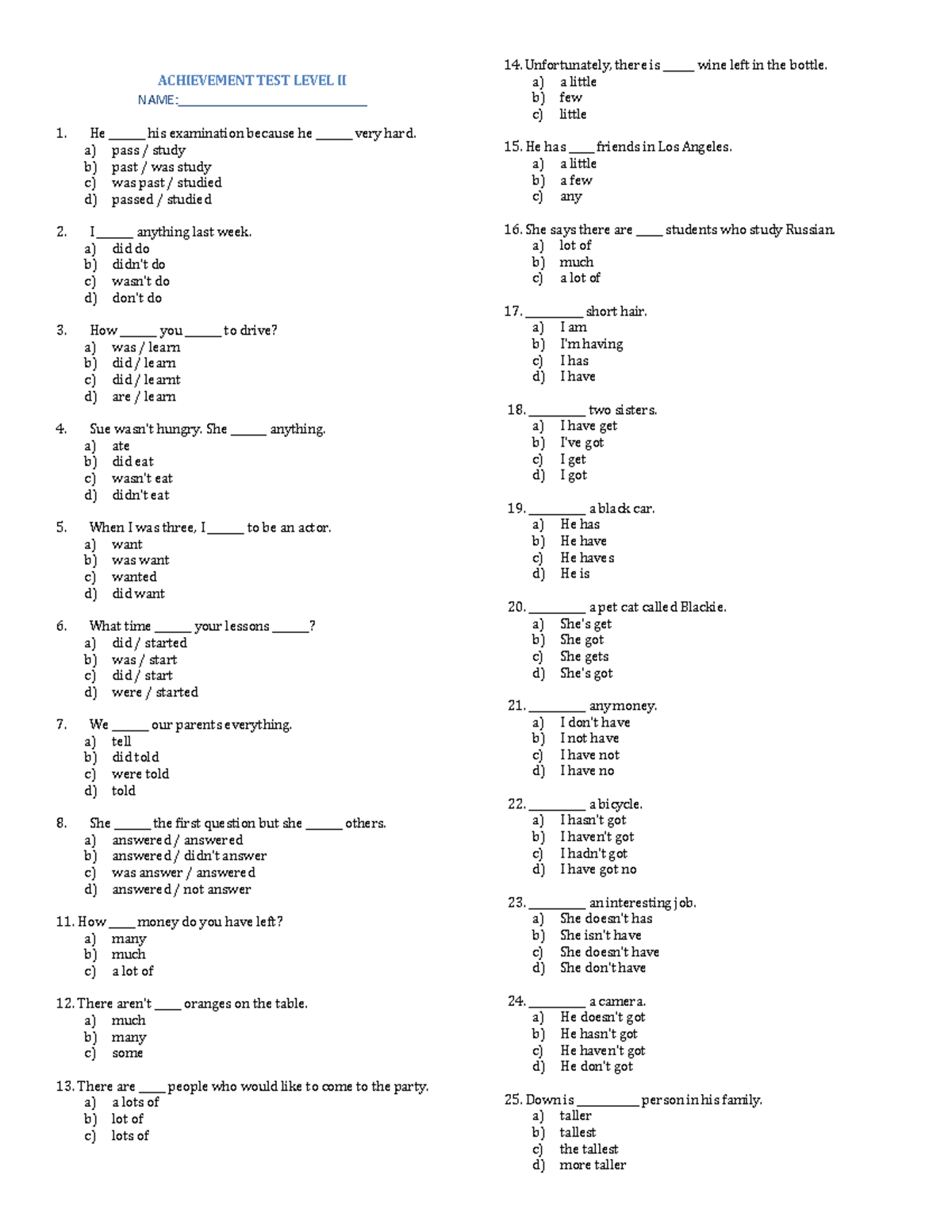 2 Achievement TEST Level II - ACHIEVEMENT TEST LEVEL II NAME ...