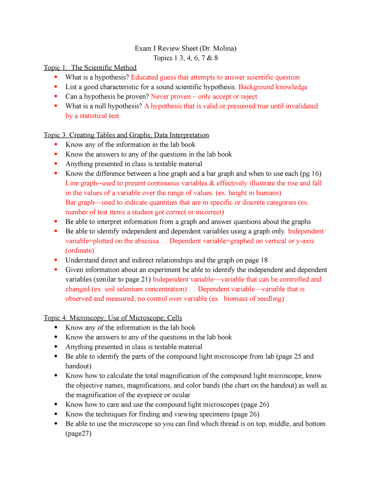 BIOL 1406 Lab Exam 1 Review - Exam I Review Sheet (Dr. Molina) Topics 1 ...