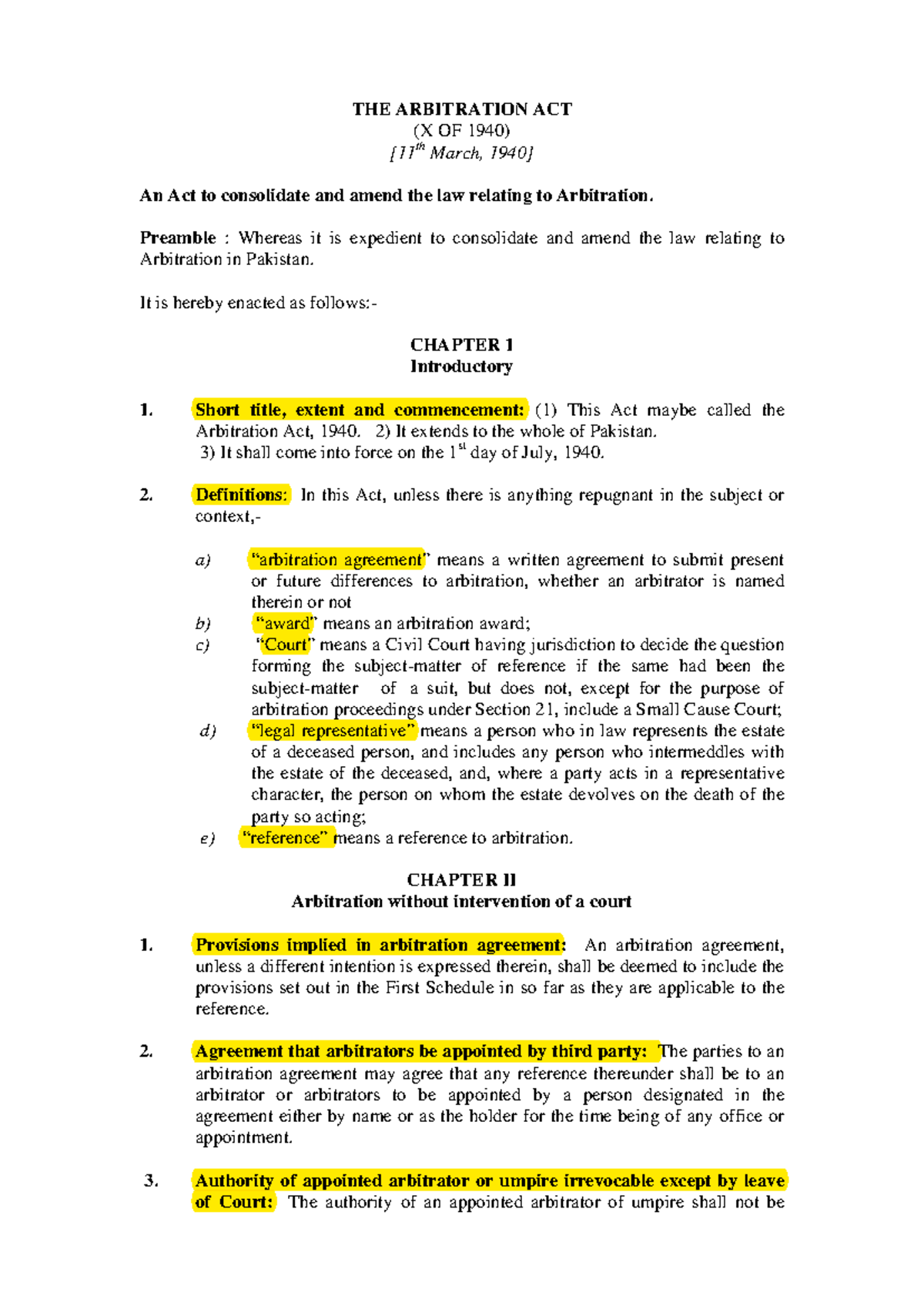Arbitration Act, 1940 - THE ARBITRATION ACT (X OF 1940) [11 th March ...