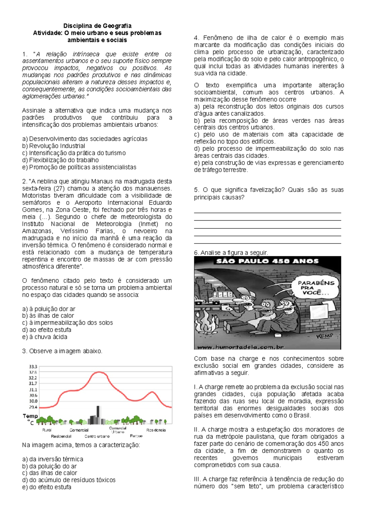 Atividade de Geografia - Problemas Sociais e Ambientais - Anos Finais