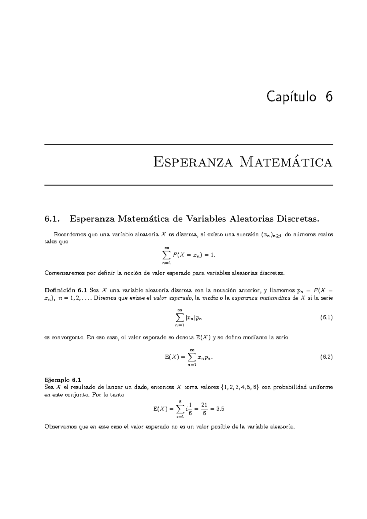 Cap6v1 - Esperanza Matematica - Cap ́ıtulo 6 Esperanza Matem ́atica 6 ...