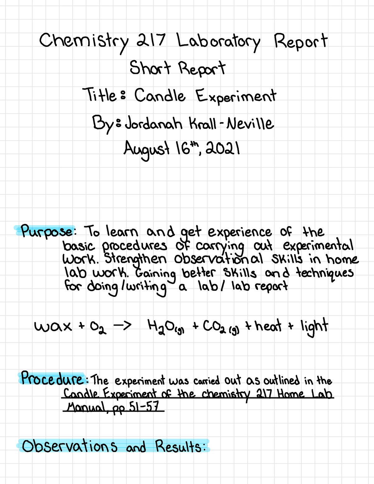 Candle Experiment 90 Chemistry 217 Laboratory Report Short