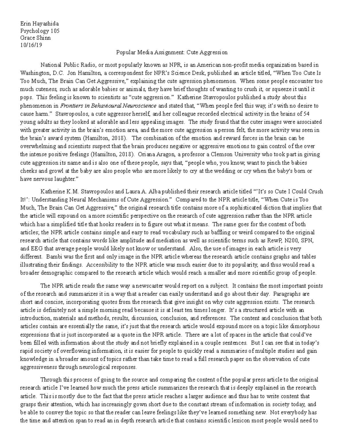 Popular Media Assignment-Cute Agression - Erin Hayashida Psychology 105 ...