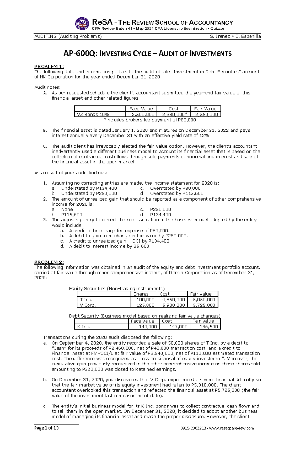 AUDITING PROBLEMS - ReSA - THE REVIEW SCHOOL OF ACCOUNTANCY CPA Review ...