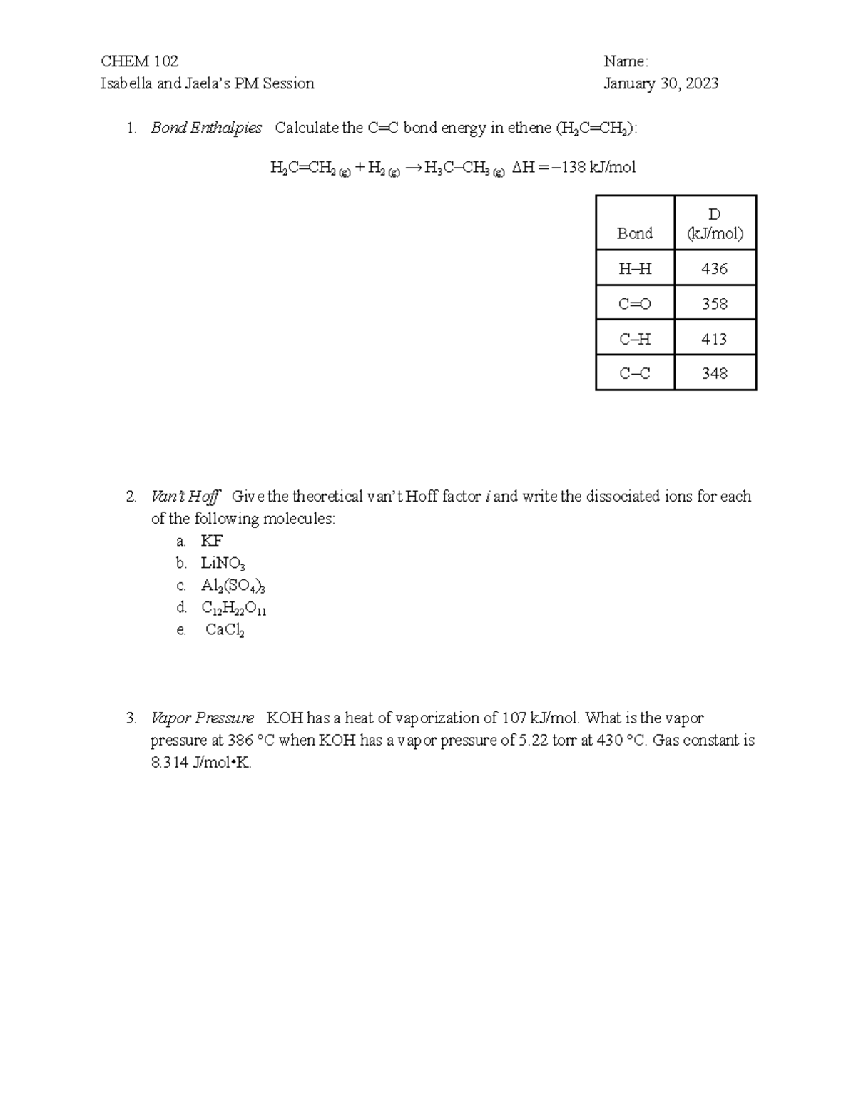 1 30 Worksheet (1) - chem 102 notes - CHEM 102 Name: Isabella and Jaela ...