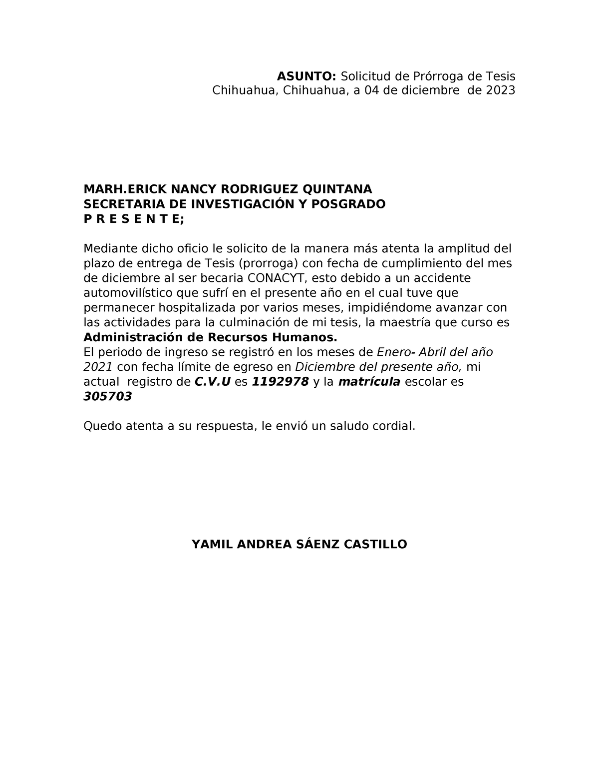 Prorroga Tesis Derechos Humanos Asunto Solicitud De Prórroga De Tesis Chihuahua Chihuahua 6967