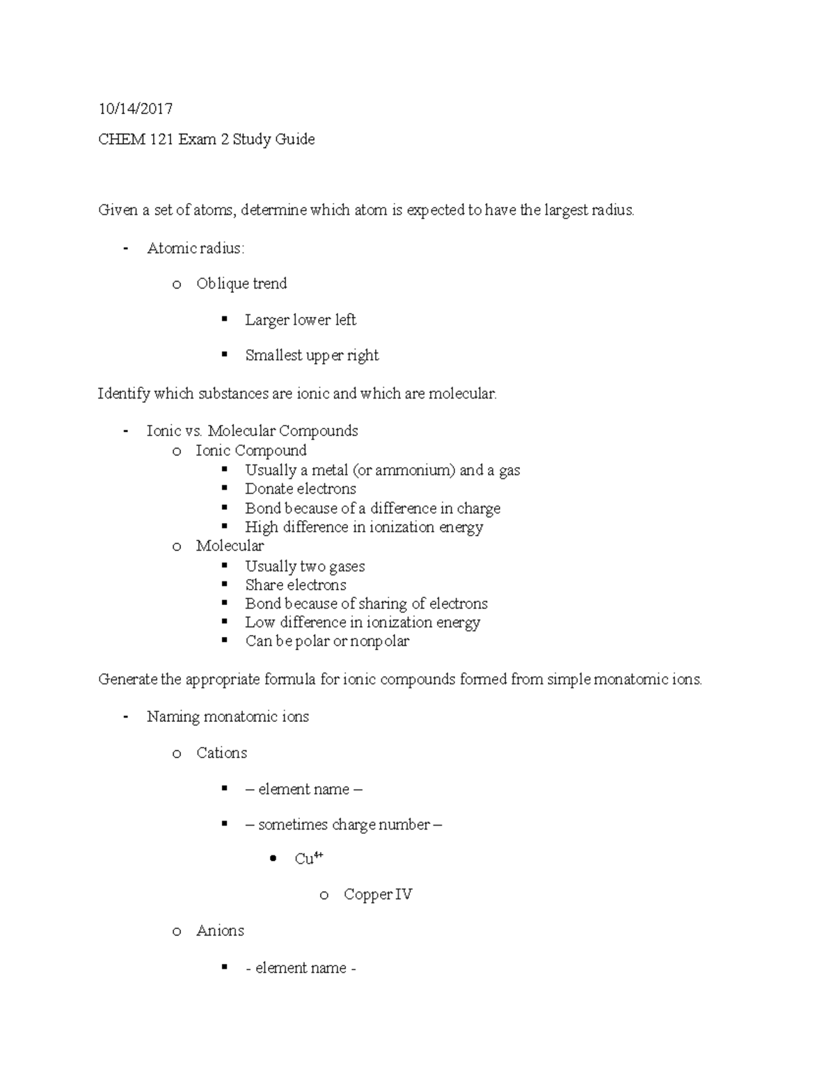 Exam 2 Study Guide - Dr. Jeffery Carmichael - 10/14/2017 CHEM 121 Exam ...