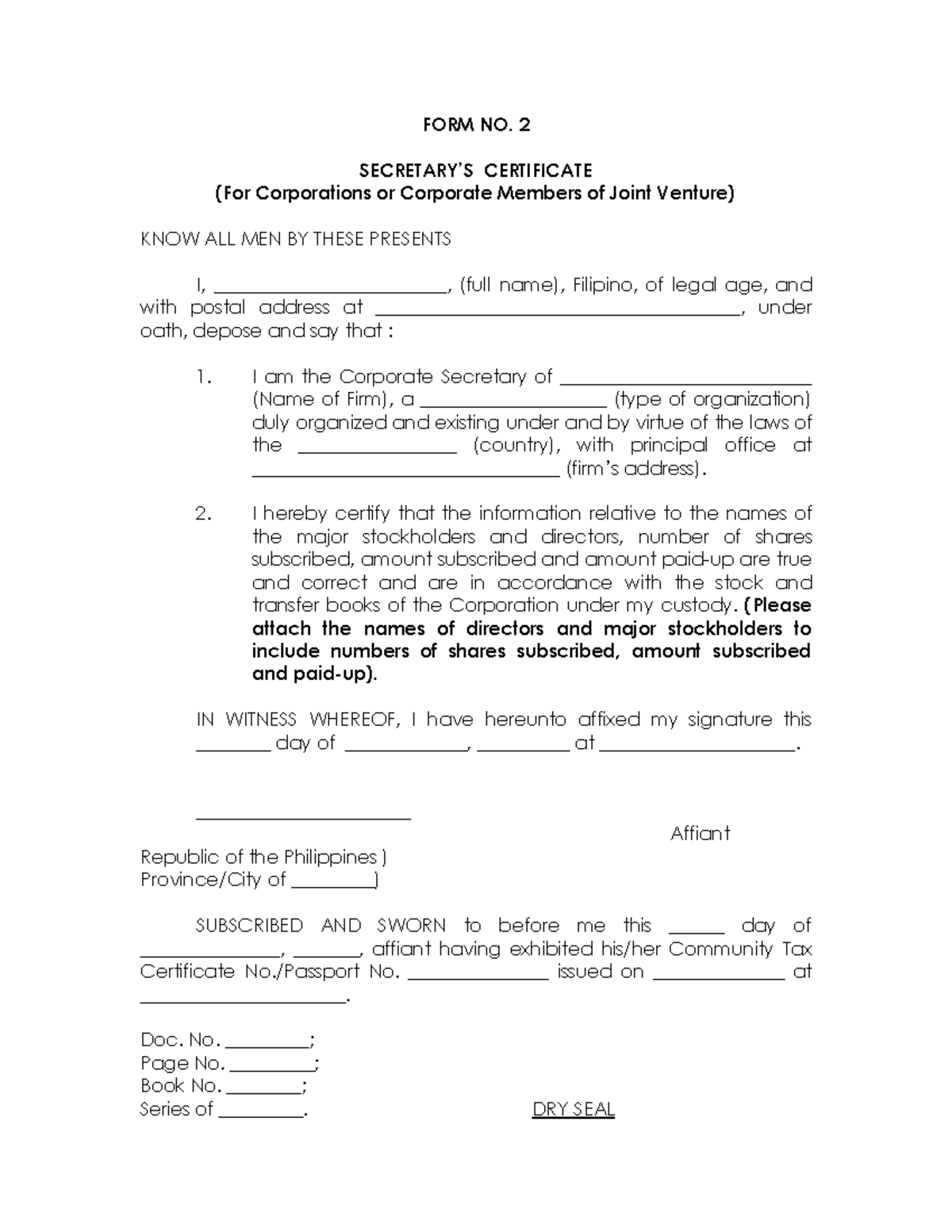 Secretary Certificate - FORM NO. 2 SECRETARY’S CERTIFICATE (For ...