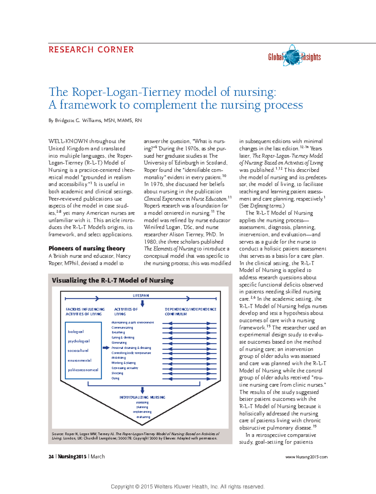 The RoperLoganTierney model of nursing A framework to complement the