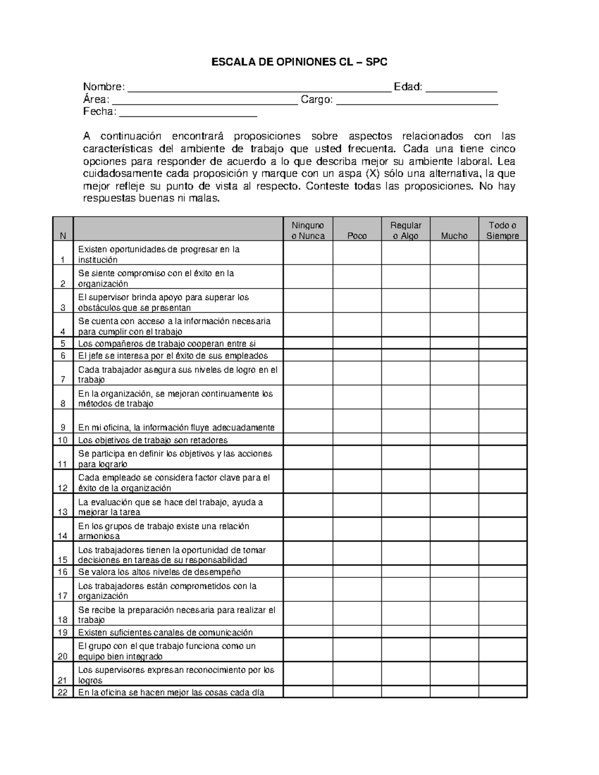 Escala De Clima Laboral Escala De Opiniones Cl Spc Nombre Studocu