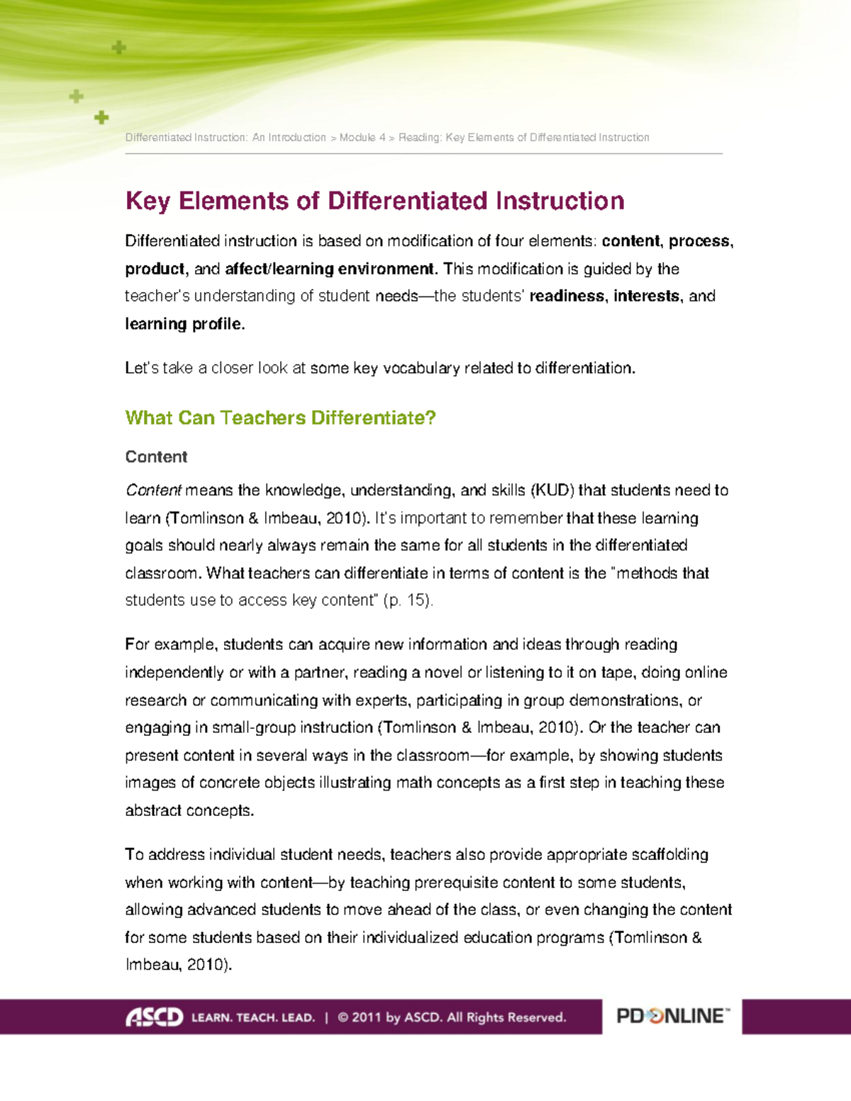 DI-Intro M4 Reading Key Elements - Differentiated Instruction: An ...