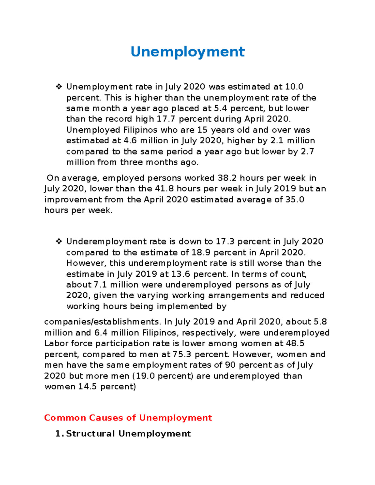 Unemployment And Child Labor Unemployment Unemployment rate in July