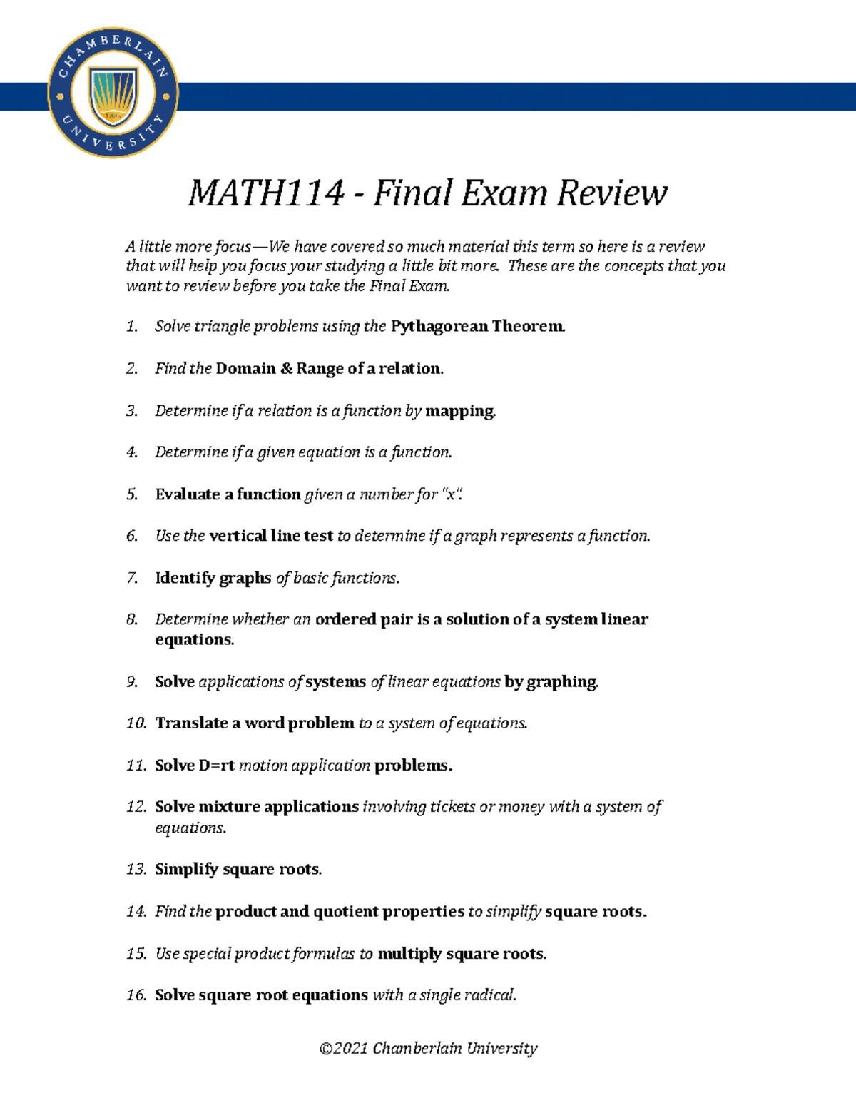 MATH114 Final Exam Objectives JAN22 MATH114 Chamberlain University