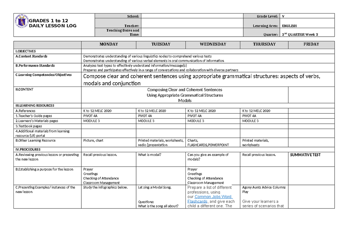 DLL English 5 Q2 W3 - lesson plan - GRADES 1 to 12 DAILY LESSON LOG ...