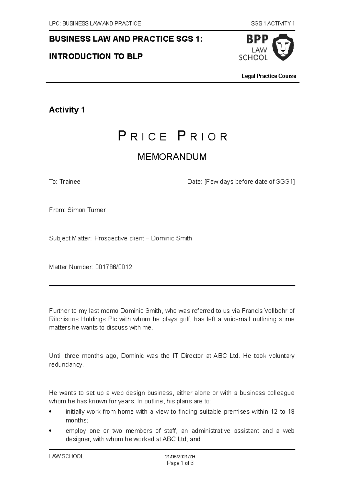 BLP SGS 1 Activity 1 - 2022/2023 - LPC: BUSINESS LAW AND PRACTICE SGS 1 ...