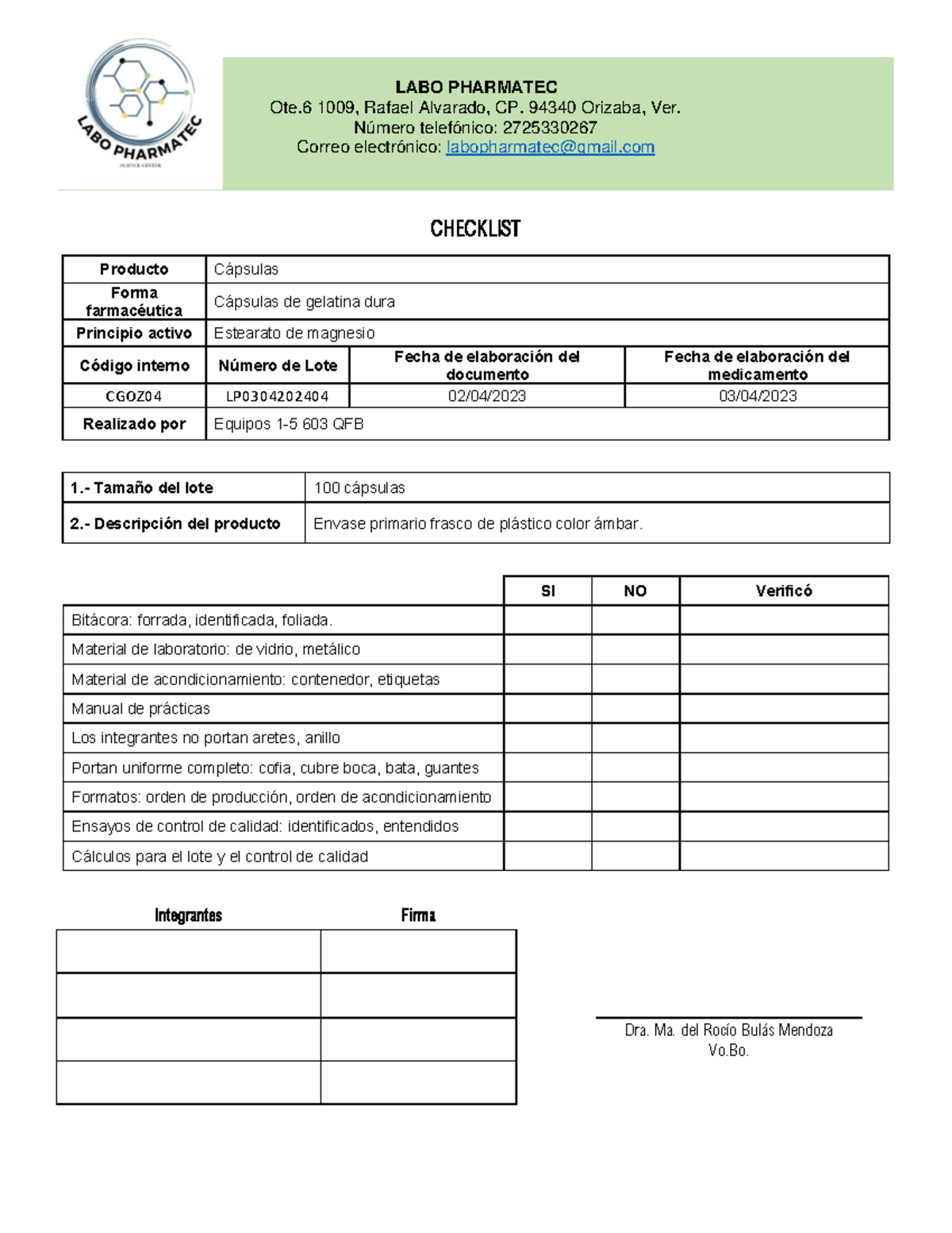 Checklist CAP 1-5 - LABO PHARMATEC Ote 1009, Rafael Alvarado, CP. 94340 ...