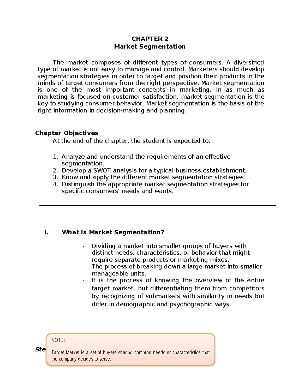 4. entrep - CHAPTER 2 Market Segmentation The market composes of ...