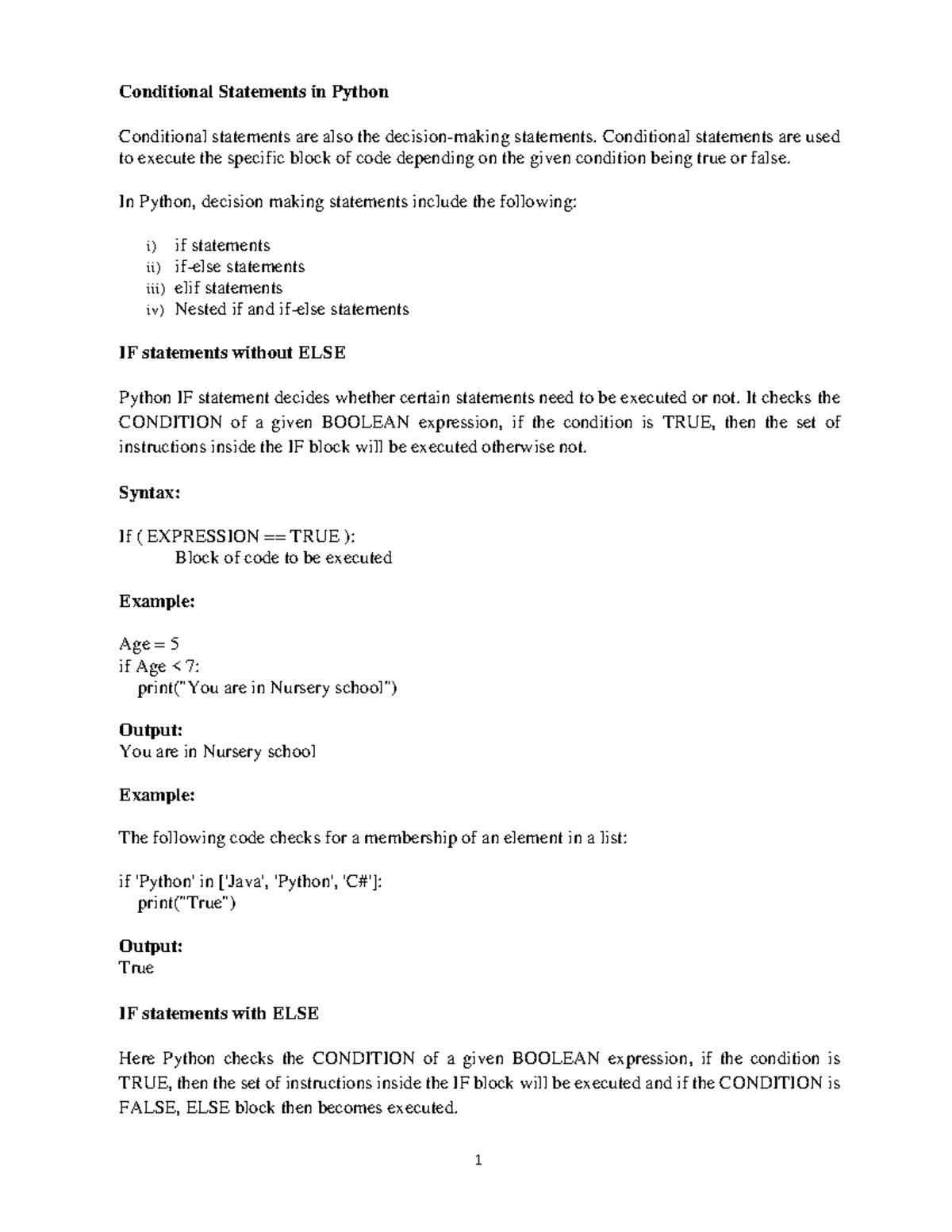 COM315 Lecture Notes Part II - Conditional Statements in Python ...