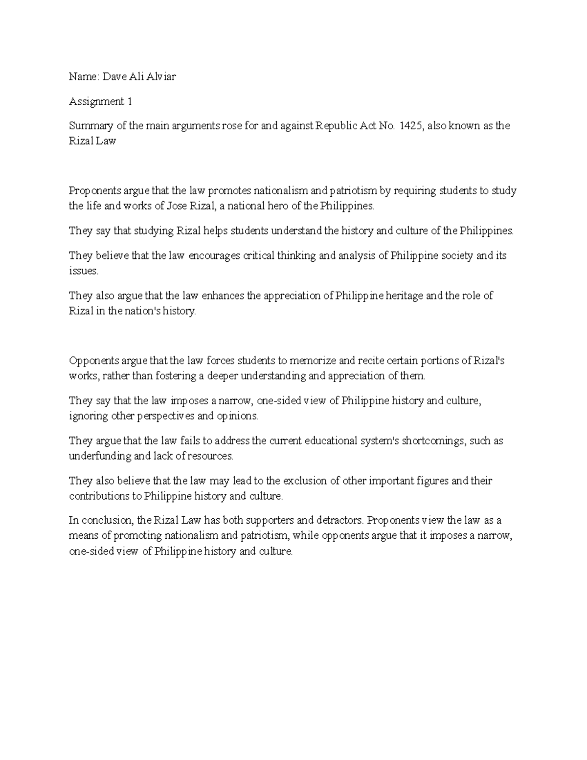 Rizallll 2 assignment Name Dave Ali Alviar Assignment 1 Summary of