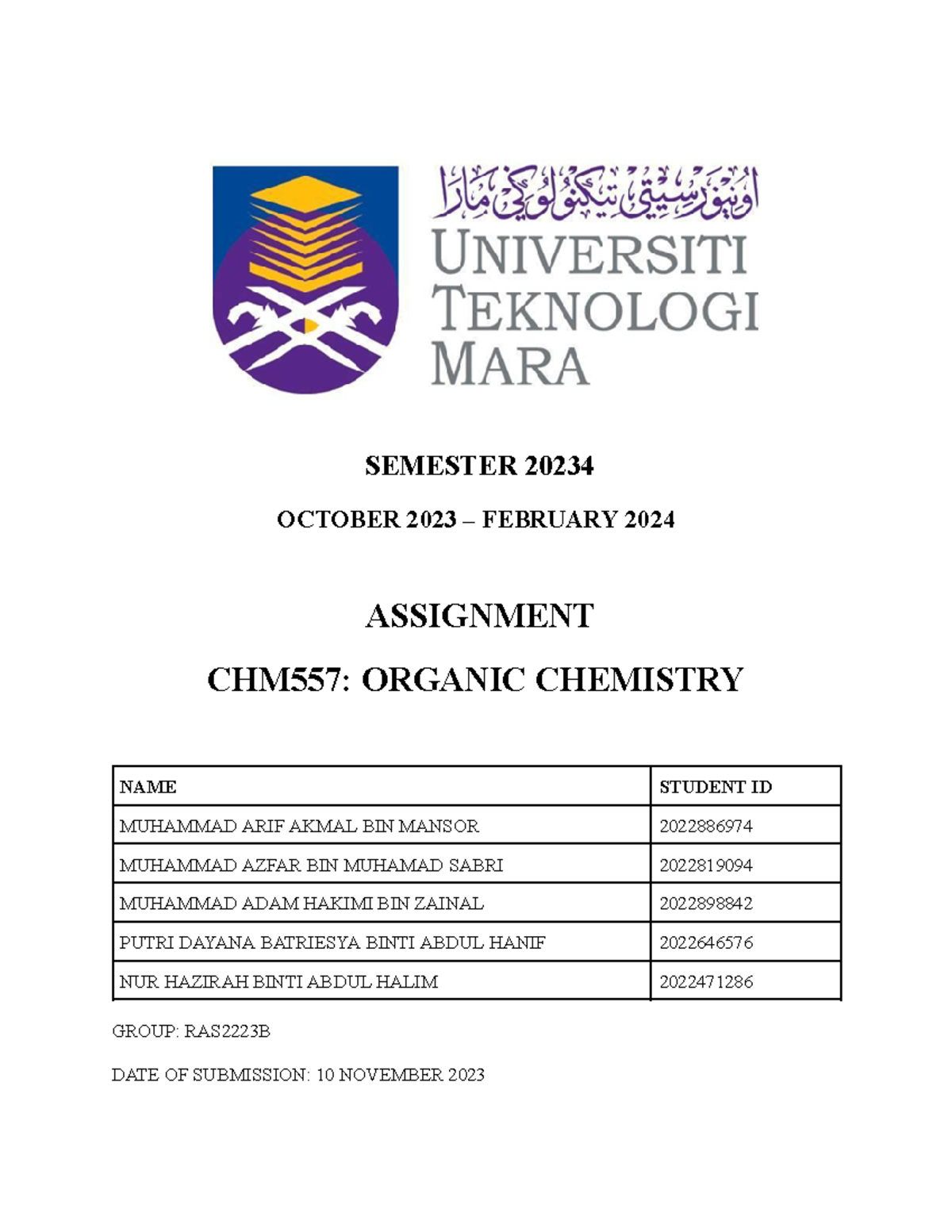 Assignment CHM557 SEM 3 - SEMESTER 20234 OCTOBER 2023 – FEBRUARY 2024 ...