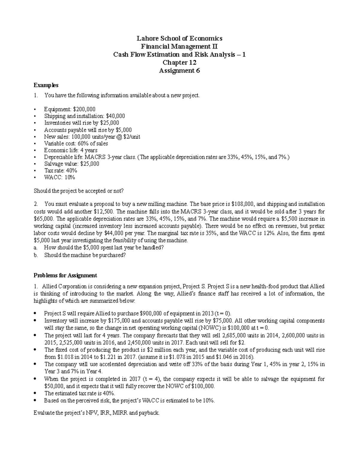 FM II Assignment 6 19 - Lahore School of Economics Financial Management ...