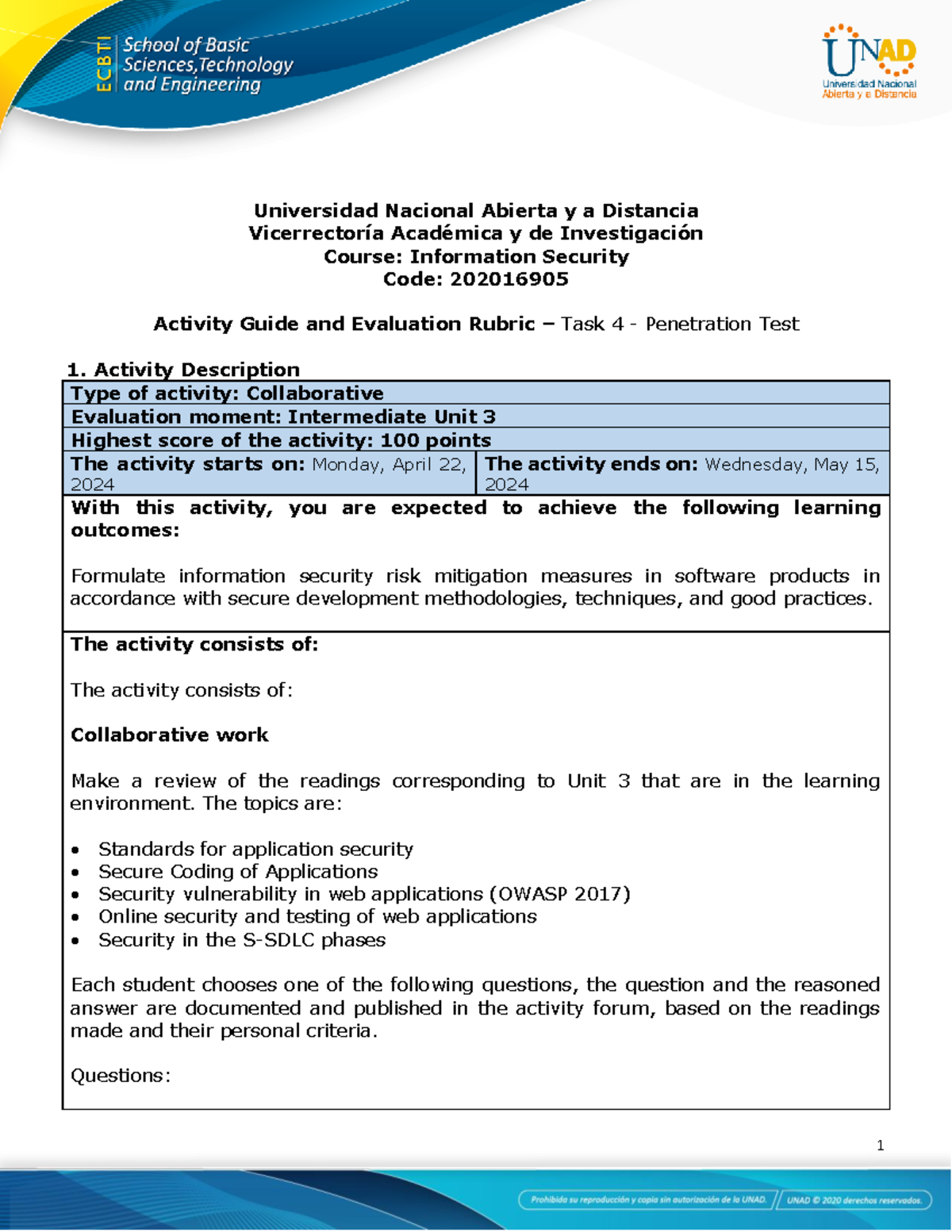 Activities guide and evaluation rubric - Unit 3 - Task 4 - Penetration ...