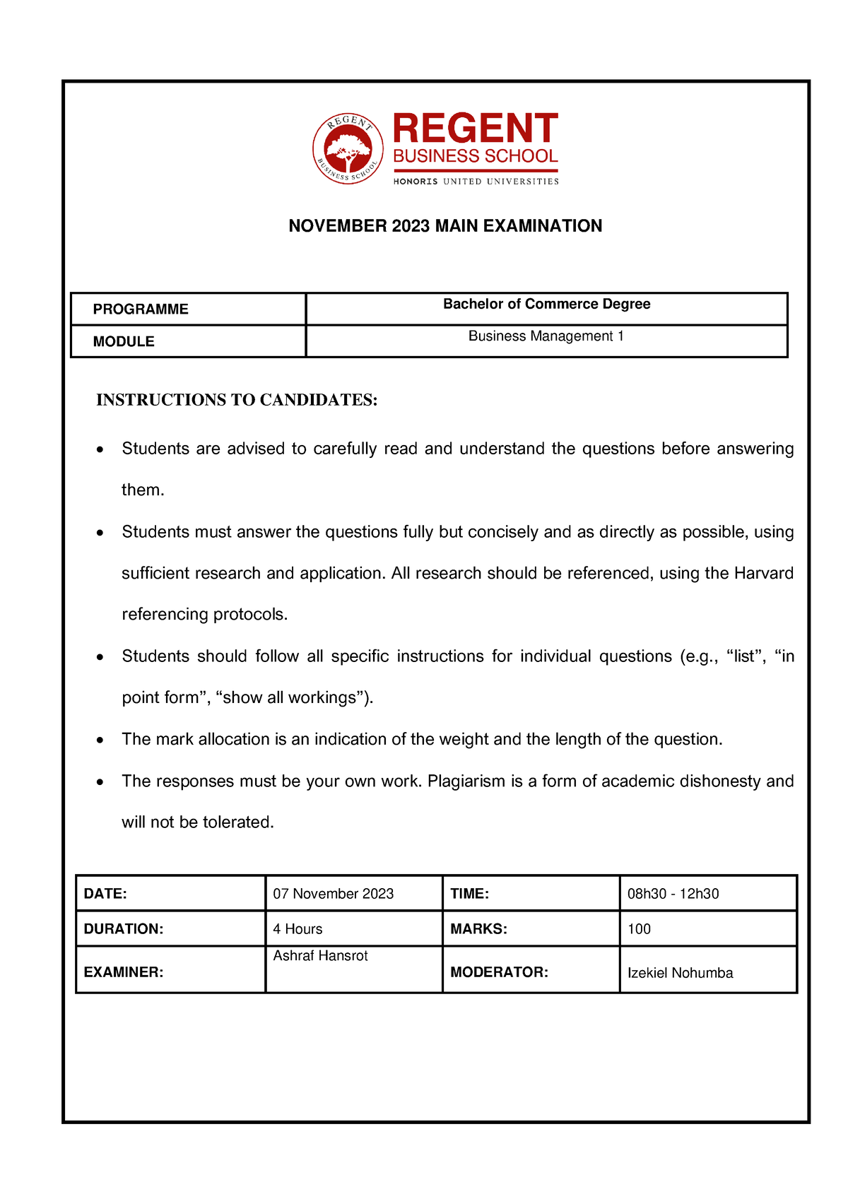 BCOM Jan 23-Business Management 1 07 Nov 23 - NOVEMBER 2023 MAIN ...