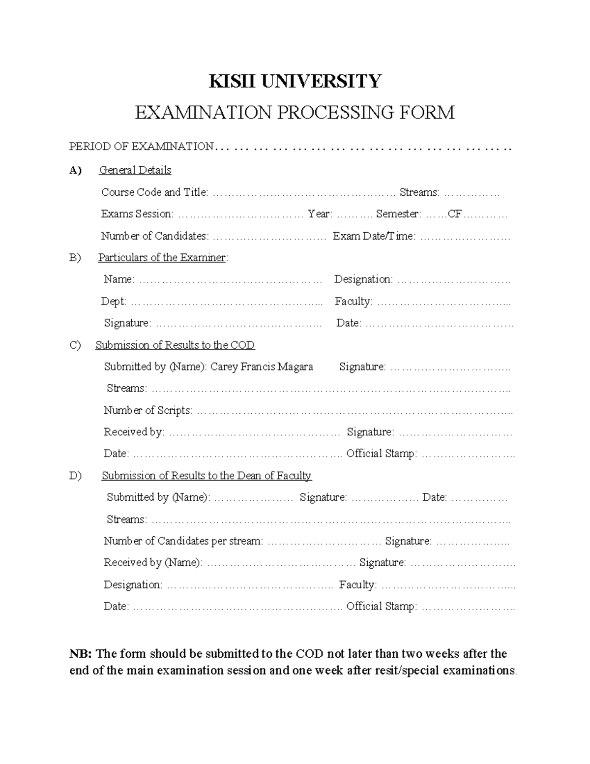 Kisii university examination processing form KISII UNIVERSITY
