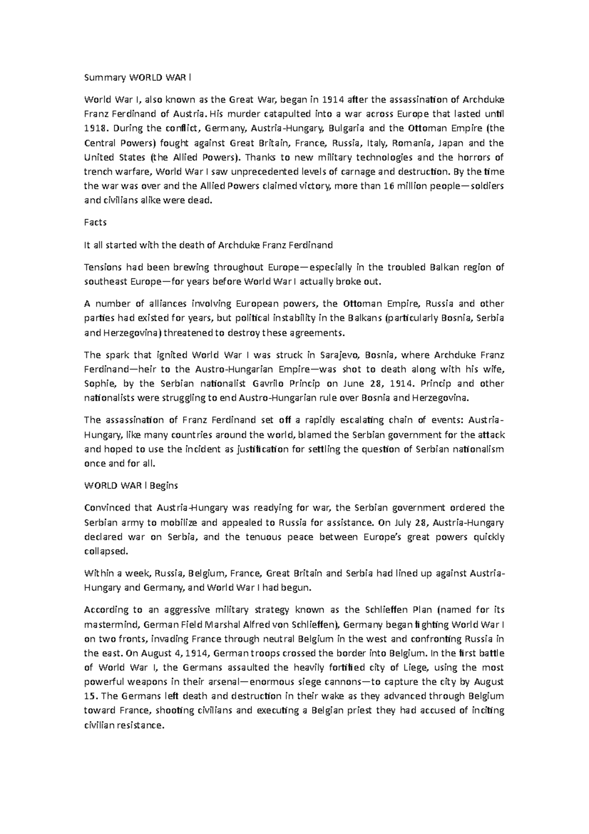 Summary World WAR l - ESSAY - Summary WORLD WAR l World War I, also ...