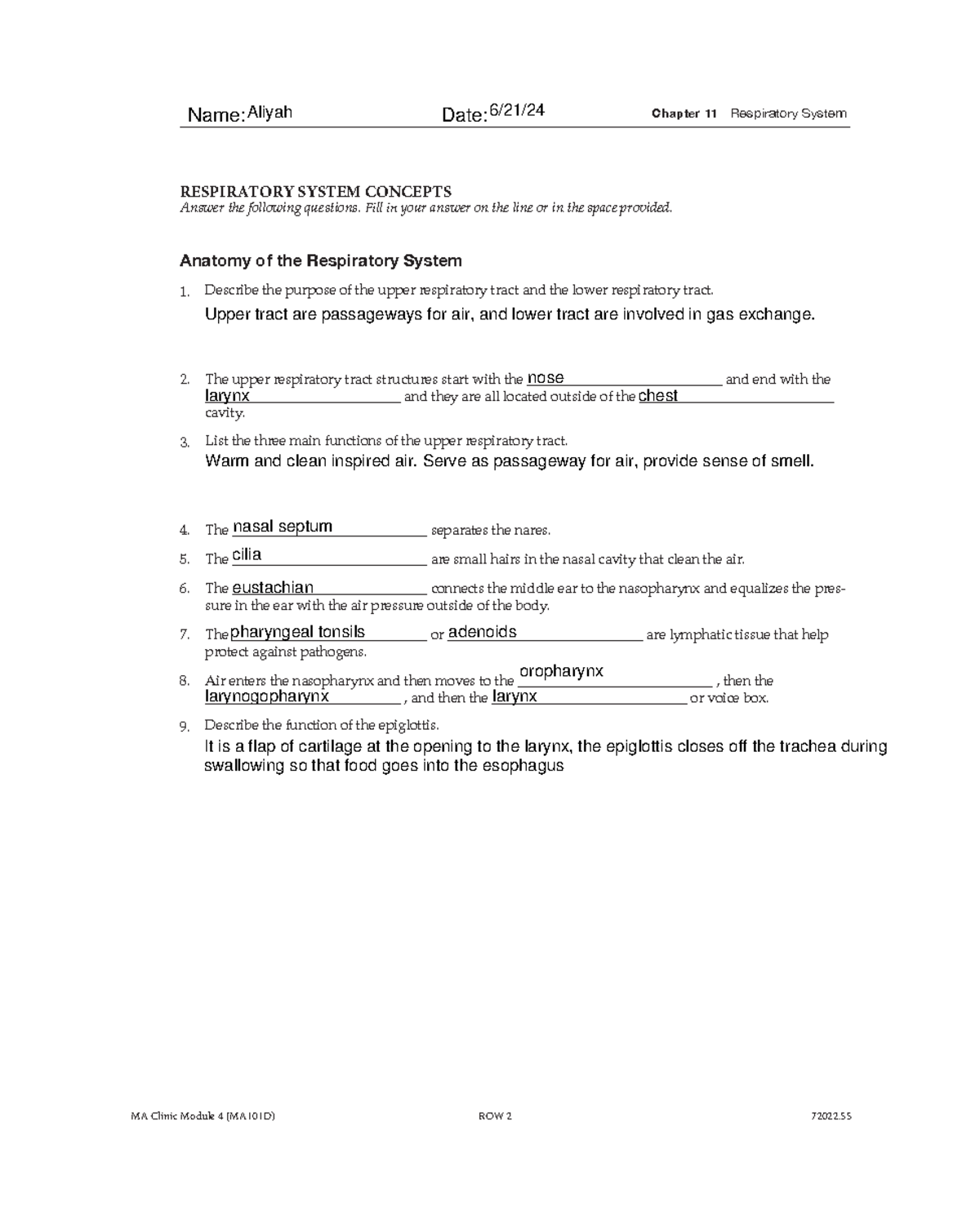 MA101 D ROW 2 Chapter 11 - RESPIRATORY SYSTEM CONCEPTS Answer the ...