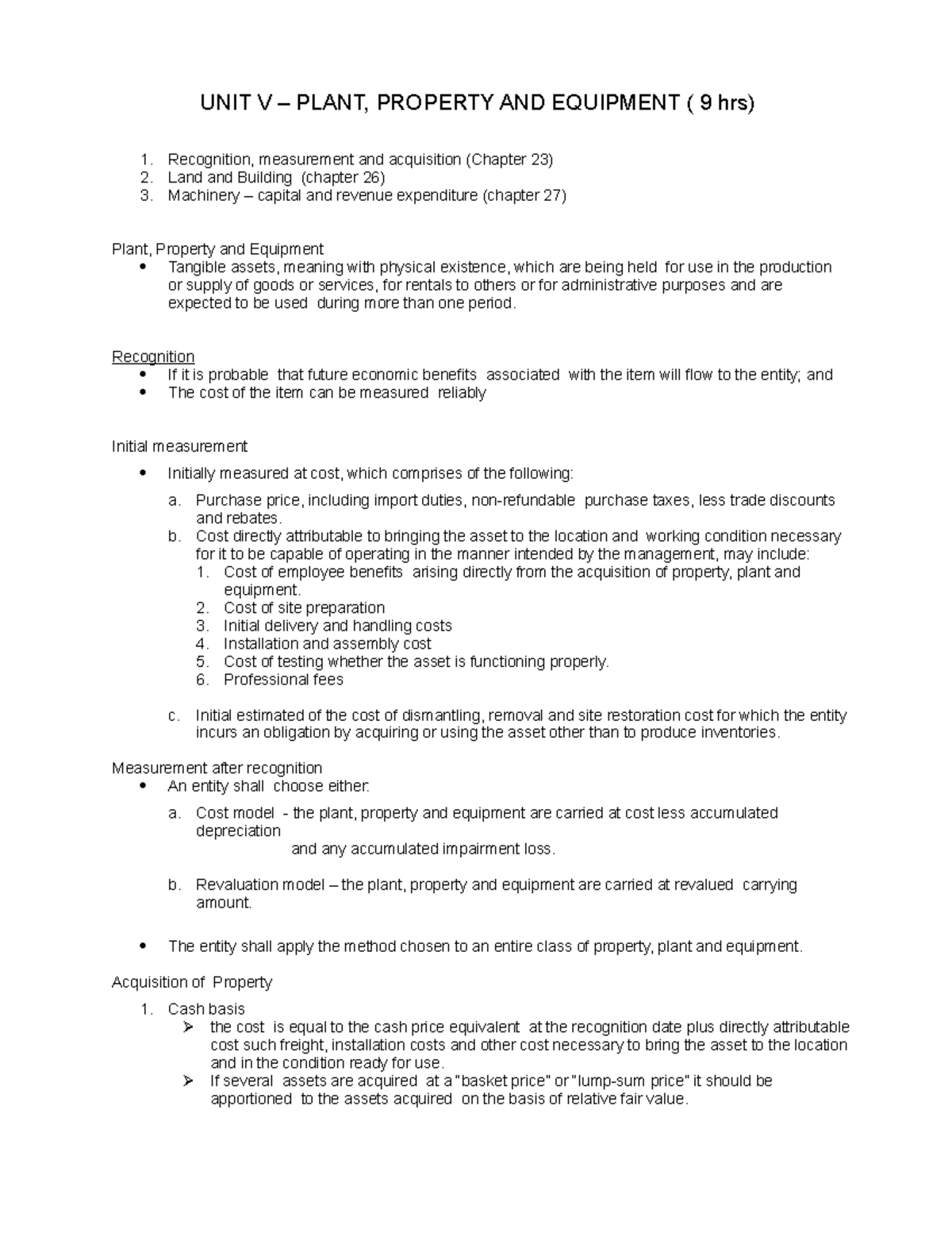 Property Plant and Equipment learning materials UNIT V PLANT