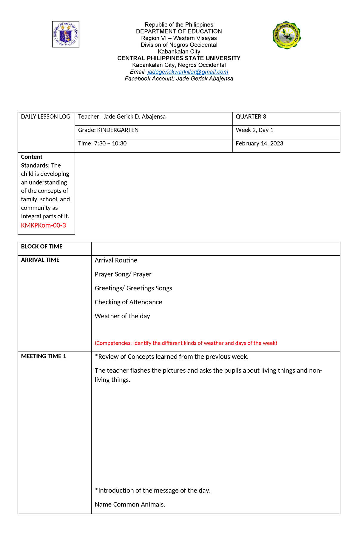 Lesson Plan For Kindergarten Republic Of The Philippines Department Of Education Region Vi 7514