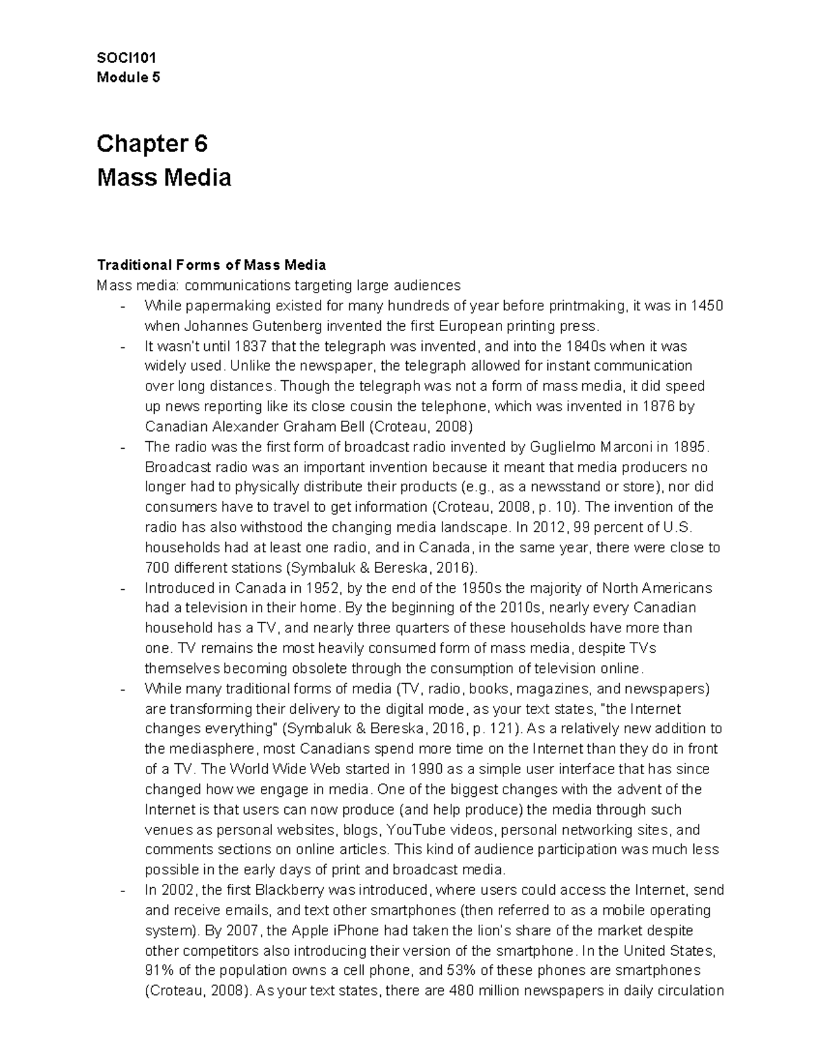 SOCI Module 5 Mediasphere SOCI Module 5 Chapter 6 Mass Media