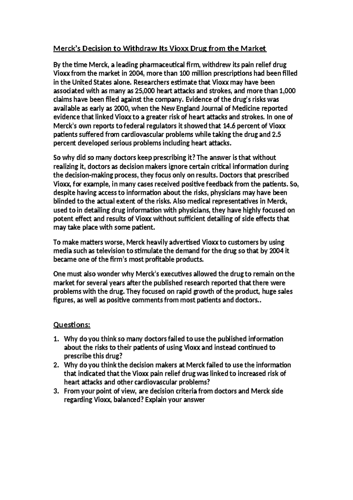 Merck- Case - Merck’s Decision to Withdraw Its Vioxx Drug from the ...