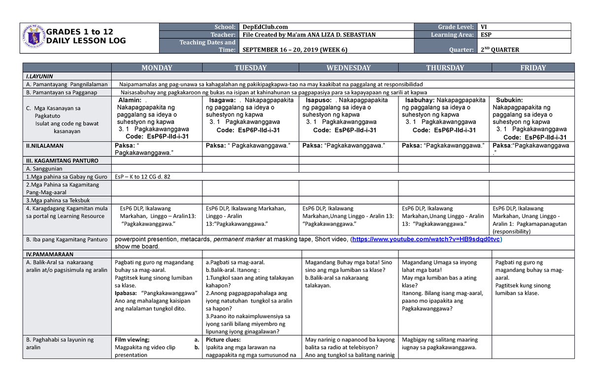 DLL ESP 6 Q2 W6 - DAILY LESSON LOG - GRADES 1 To 12 DAILY LESSON LOG ...