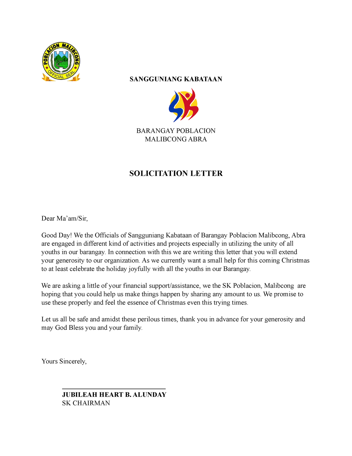 Solicitation Letter Sangguniang Kabataan Barangay Poblacion Malibcong