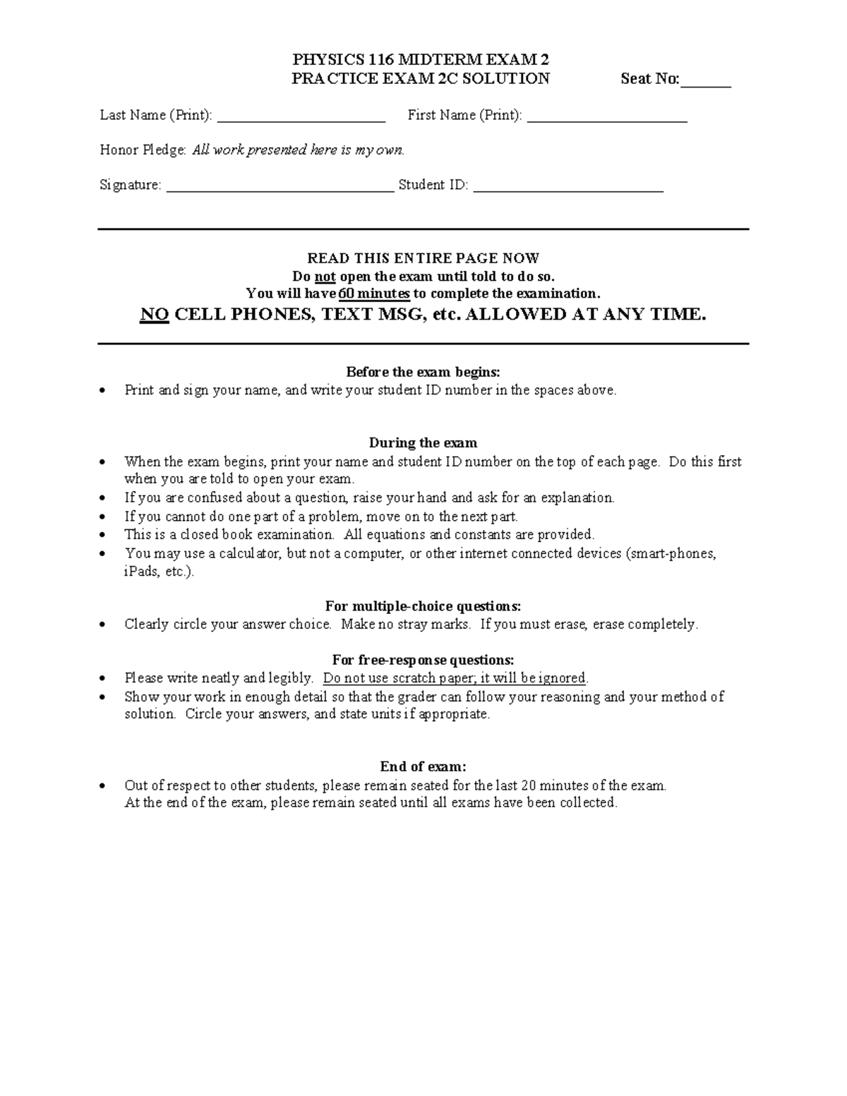 116 Exam 2C Solution - Midterm 2 - PHYSICS 116 MIDTERM EXAM 2 PRACTICE ...