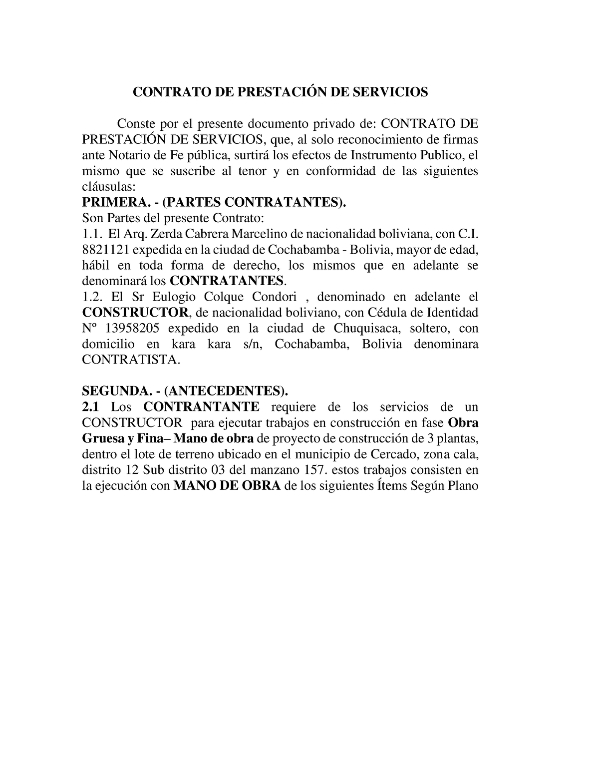 Contrato De AlbaÑileria Contrato De PrestaciÓn De Servicios Conste Por El Presente Documento 9718