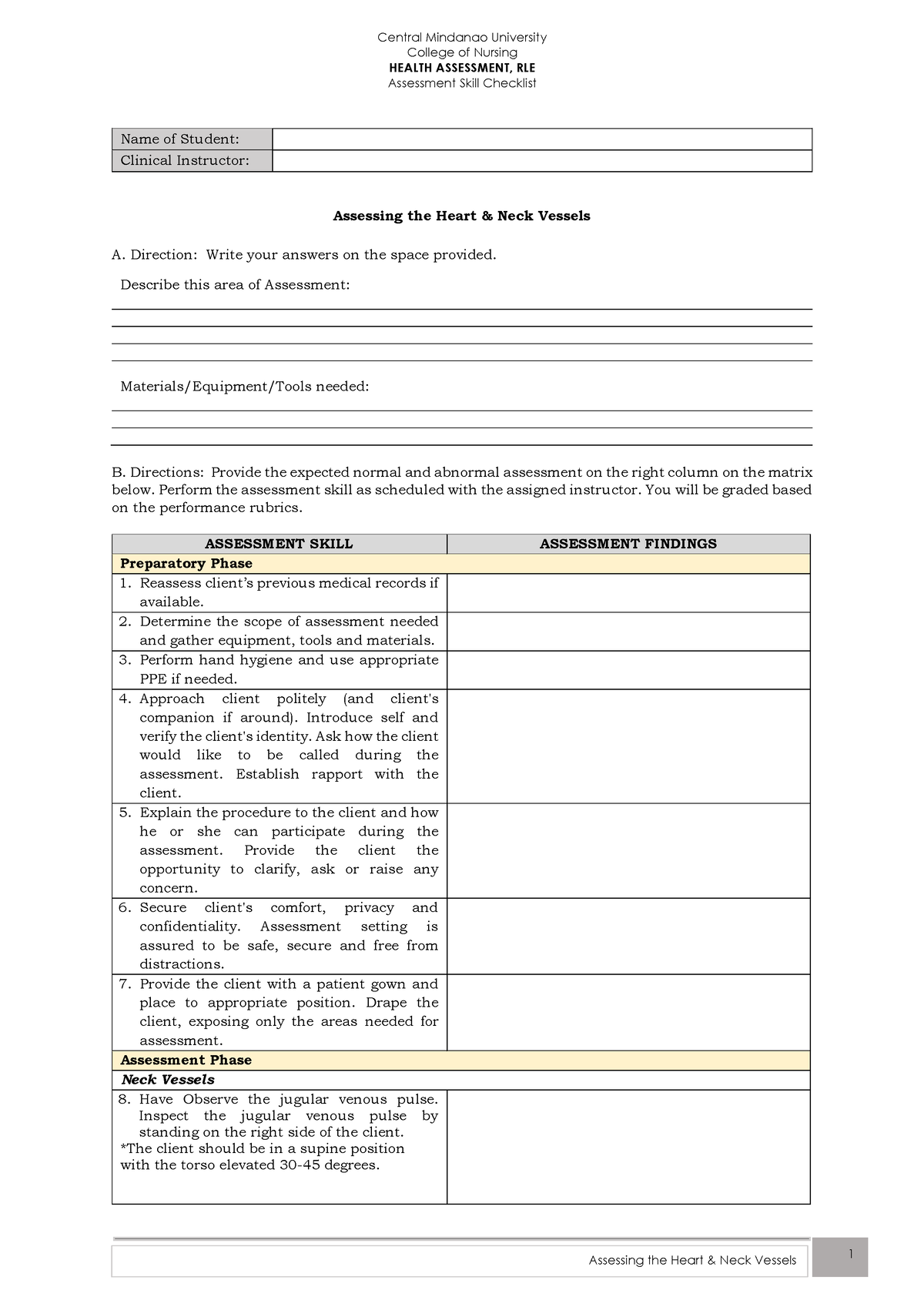 FT 2b Assessing the Heart Neck Vessels Checklist - College of Nursing ...