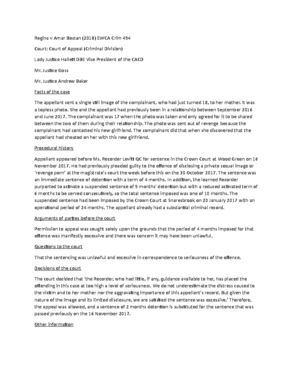 R v Bostan - Case note - Regina v Amar Bostan (2018) EWCA Crim 494 ...