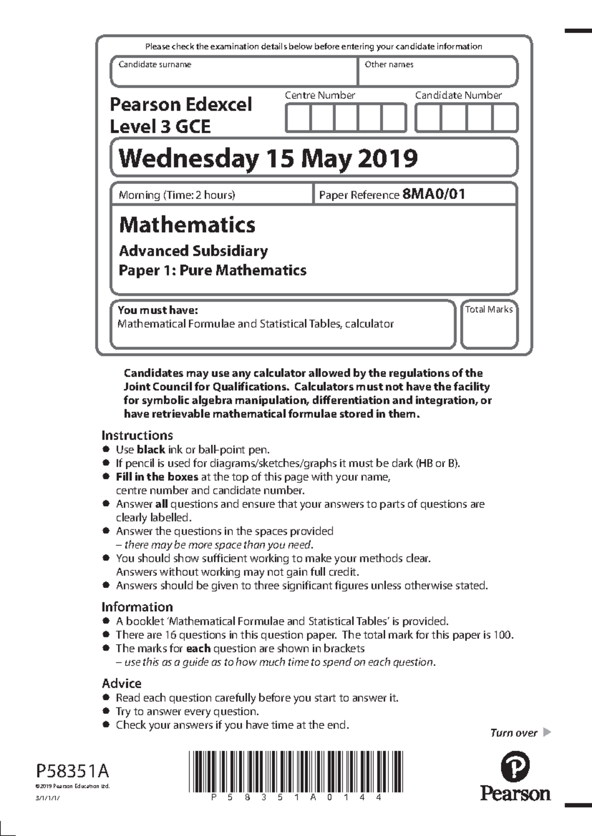8MA0 pure paper 1 june 2019 QP Please check the examination details