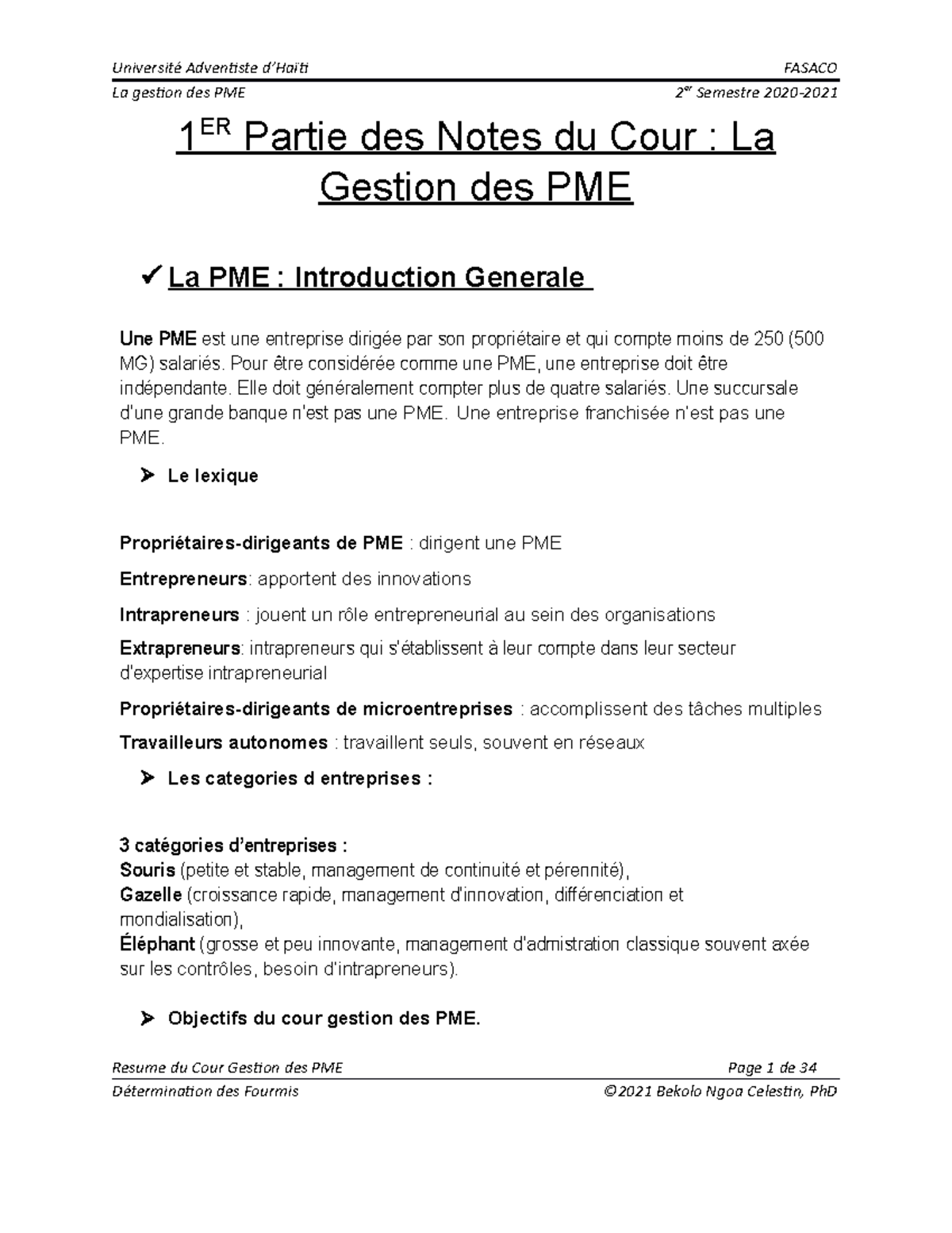 Notes du Cour Gestion des PME 1er partie - La gestion des PME 2 er ...