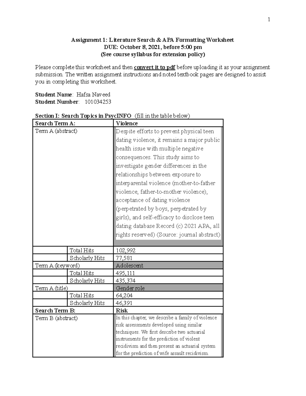 A1 worksheet-Hafsa Naveed.docx - Assignment 1: Literature Search & APA ...