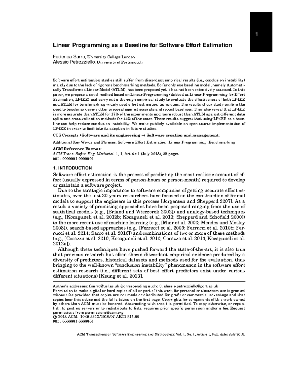 Linear Programming as a Baseline for Software Effort Estimation ...