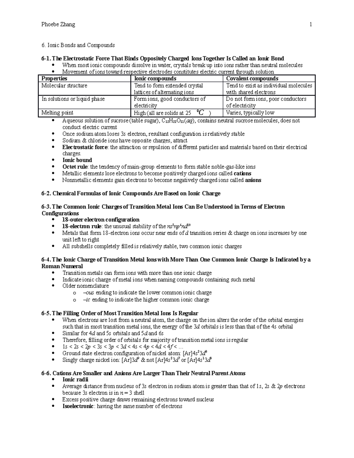 Chapter 6 Notes - Summary General Chemistry - Phoebe Zhang 1 6. Ionic ...