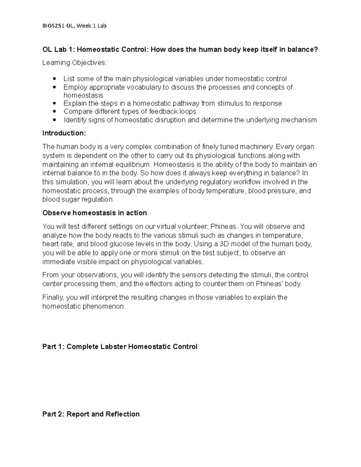 Week 1 Homeostasis Lab lab work OL Lab 1 Homeostatic Control How does the human body keep